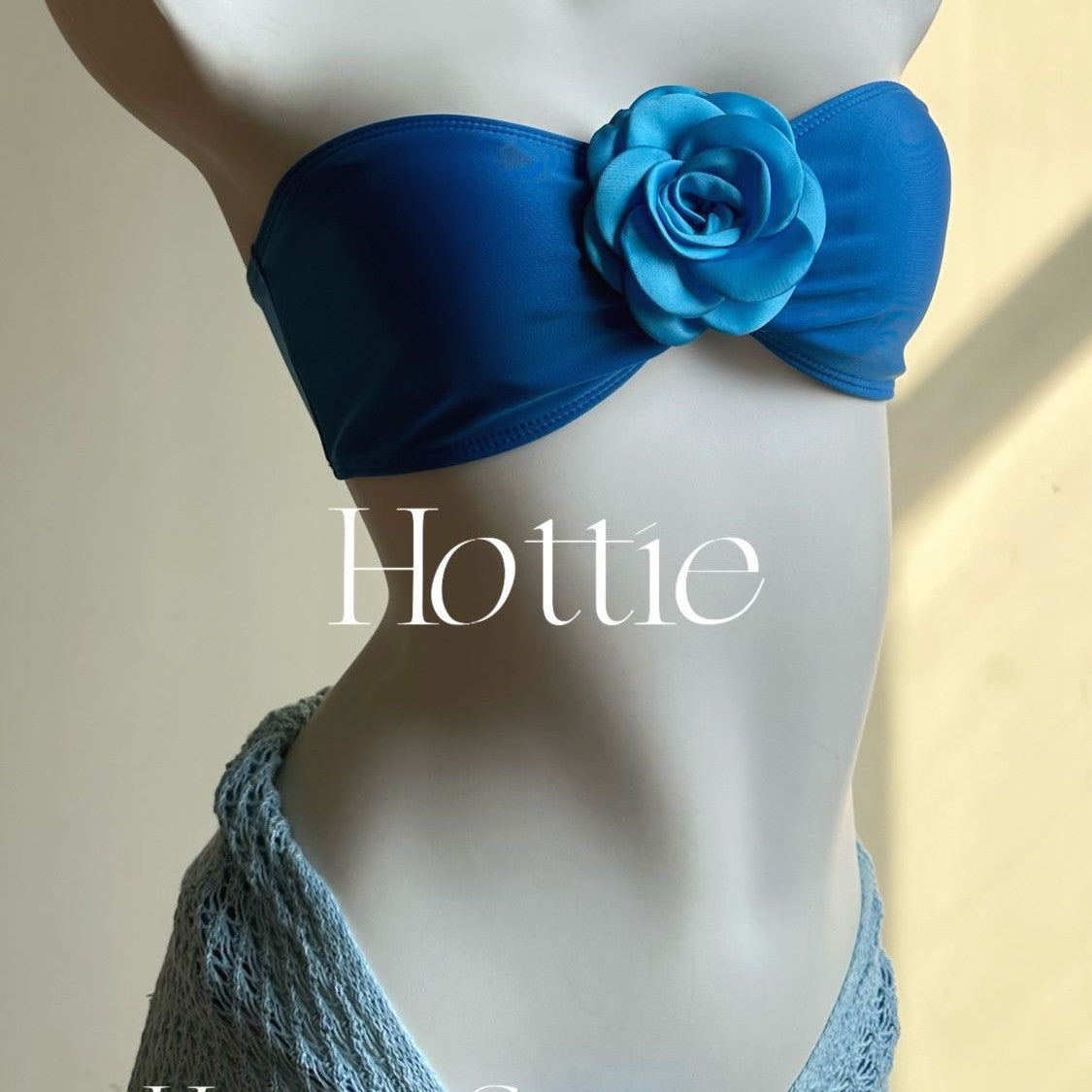 freedombeauty|Thai Atmosphere Blue Knitted Cover-Up Floral Bikini Three-Piece Set Island Vacation Hot Spring Swimwear for Women Summer