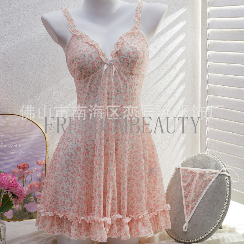 Freedombeauty | New Sexy Lingerie Fashion Sexy Pure Desire Sweet Gathered Floral Slip Nightdress Comfortable Homewear