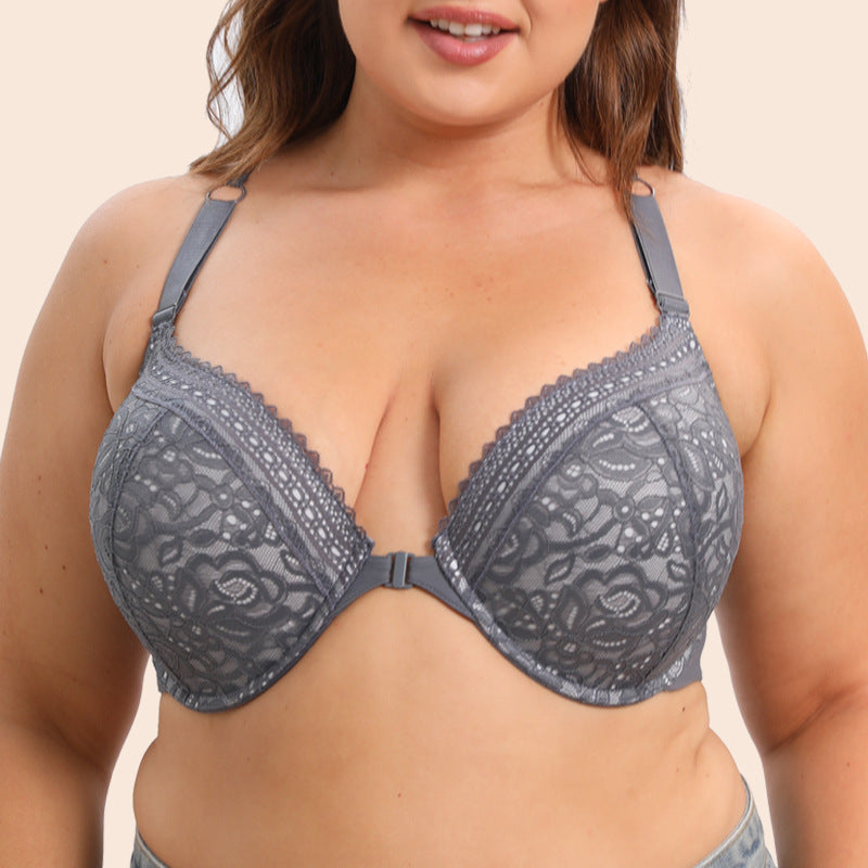 Freedombeauty | European and American Style Contrast Color Series Lace Push up Front Button Thin Bra Traceless plus Size Underwear G Cup