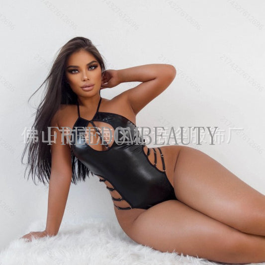 Freedombeauty | Black Pu Patent Leather Metal Hollow Halter Spaghetti Straps Sexy Seduction Sexy Home Pajamas