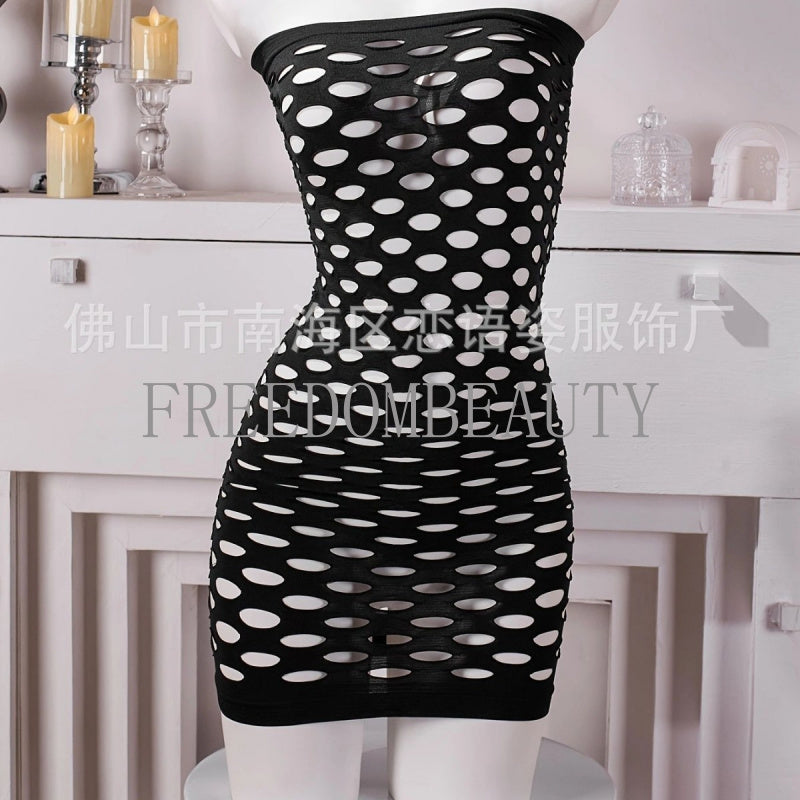 Freedombeauty | Sexy Big Hole Hip Skirt Tube Top Erotic Netting Wear Tulle Skirt Full Body Hollow out See through round Hole Ring