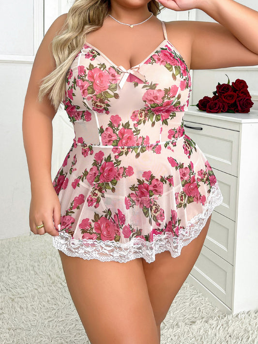 Freedombeauty | European and American Ladies Pajamas plus Size Suspenders Floral Skirt Independent Stand Plussizeplus Size
