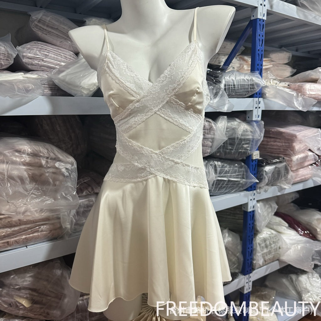 FREEDOMBEAUTY | 71090 Sexy Pure Lace Perspective Seduction Pajamas Plus Chest Pad Suspender Pajamas with Removable Chest Pad