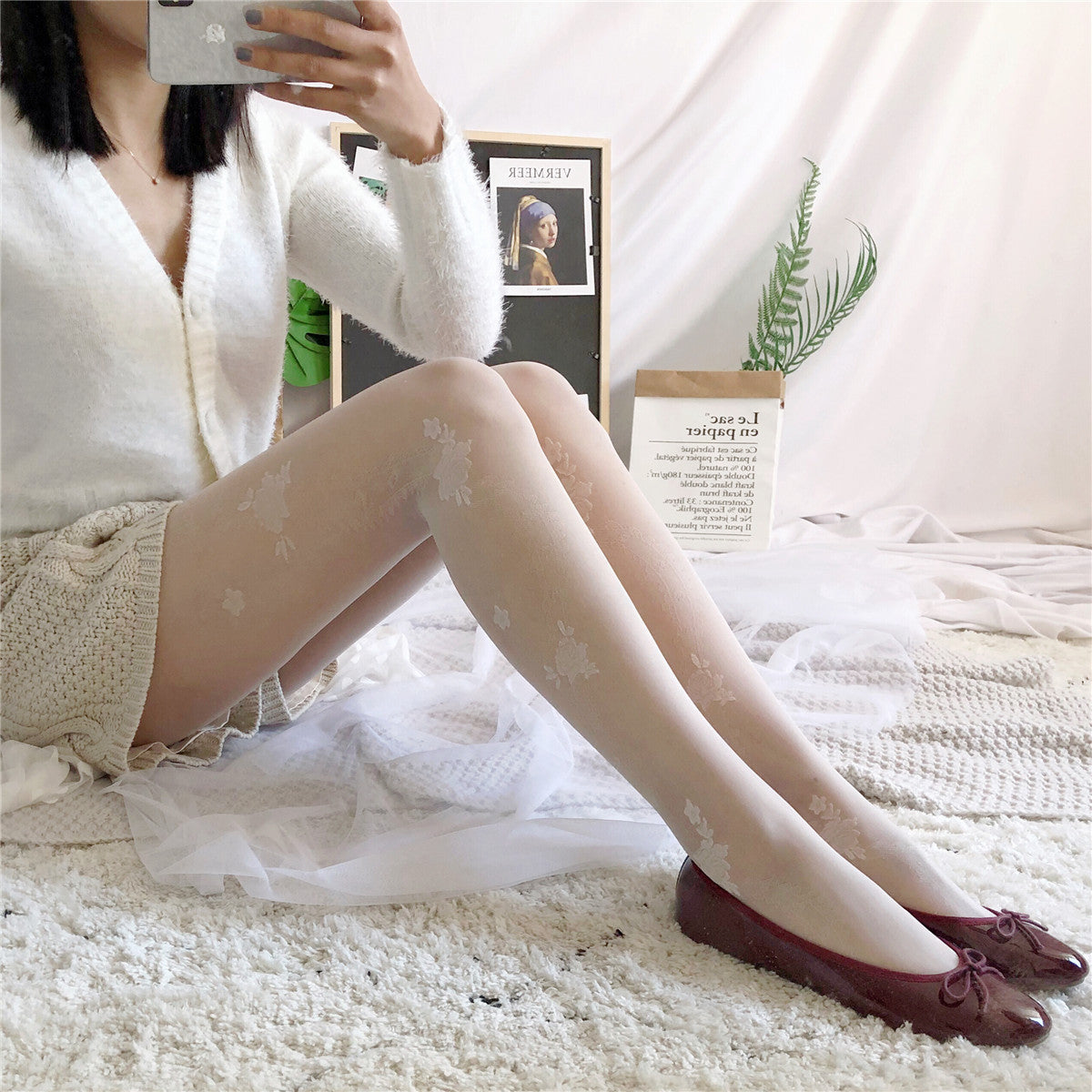 FREEDOMBEAUTY | Summer Japanese sweet retro side rose vine milky white stockings women pantyhose lolita jacquard stockings