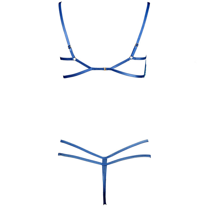 FREEDOMBEAUTY | FJ298 Mermaid blue breasts open-file women's erotic underwear bra set steel tray CD cup big chest strap