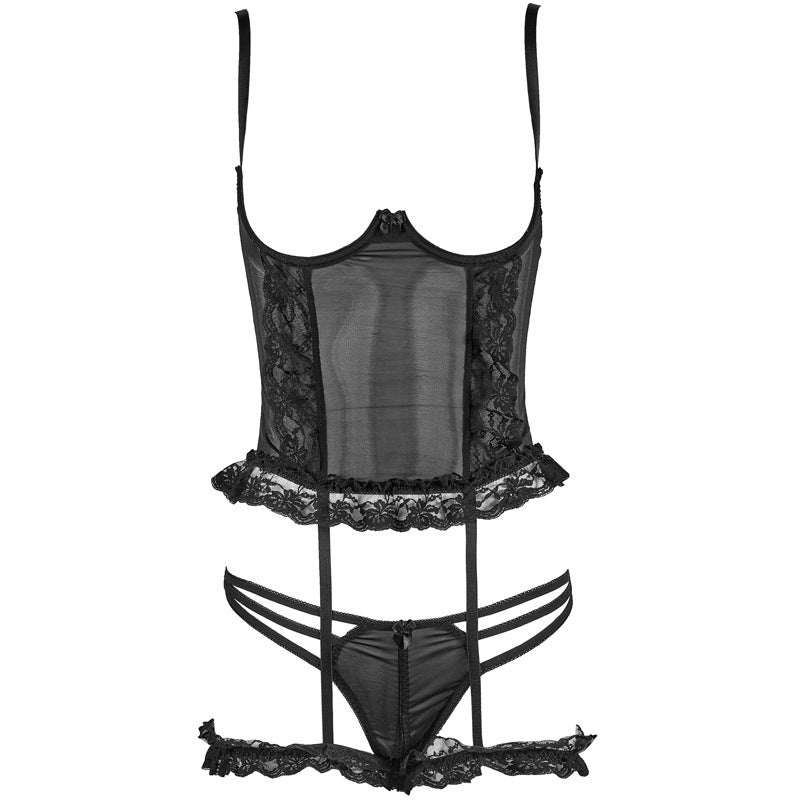 FREEDOMBEAUTY | FQ2673 Black milk with steel rim lace mesh see-through corset, socks ring open-file underwear set