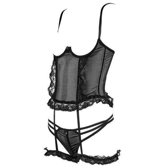 FREEDOMBEAUTY | FQ2673 Black milk with steel rim lace mesh see-through corset, socks ring open-file underwear set