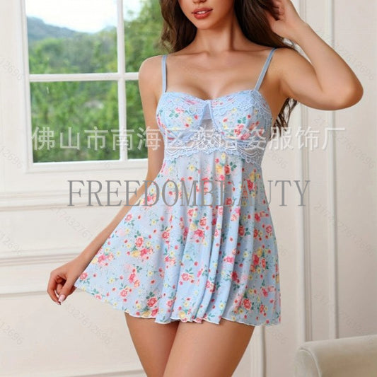 Freedombeauty | Body Shaping Stitching Lace Fabric Printed Backless See-through Sexy Underwear Pajamas