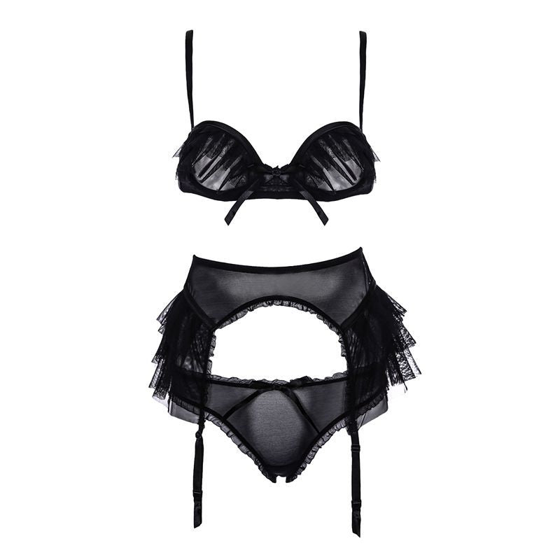 FREEDOMBEAUTY | FQ2522 Vacuum Bra Set Sexy Tulle Steel Rim Transparent Underwear Waist Garter Accessories Black