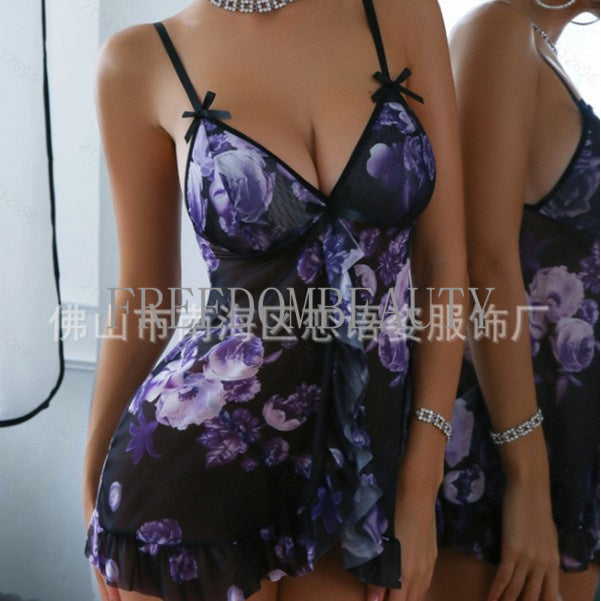 Freedombeauty | New Sexy Lingerie V-neck Printed Sexy Pure Desire Style Slip Nightdress Lace