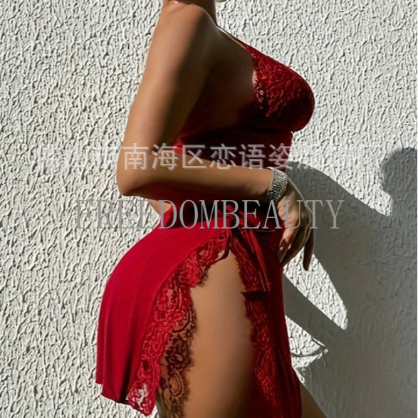 Freedombeauty | Sexy Pajamas Women's Breast-Exposed Suspender Skirt Bud Stretch Silk Seductive Homewear Uniform Slim Fit