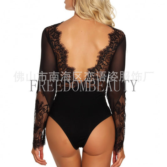 Freedombeauty | Sexy Pajamas See-through Sexy Lingerie Lace Stitching Stretch Long Sleeve Jumpsuit