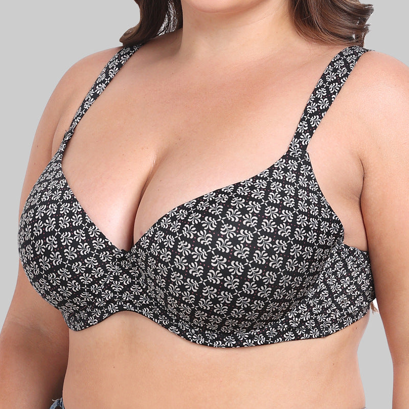 Freedombeauty | Thin Cup Push up Sponge Sandwich Widened Shoulder Strap Steel Ring Printing plus Size Bra European and American Plump Girls Underwear Bra