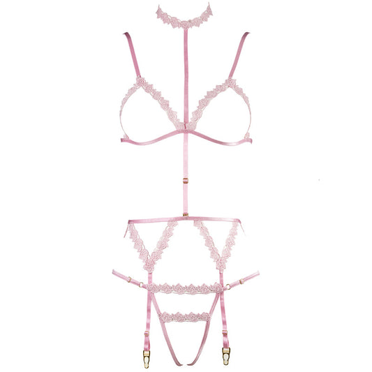 FREEDOMBEAUTY | FJ300 pink water-soluble flower hollow triangle cup adjustment shoulder strap neck garter belt open crotch thong three-piece set