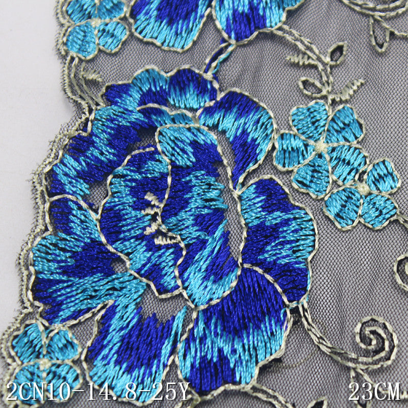 Freedombeauty | Black Mesh Bilateral Blue Flower Embroidery Lace Curtain Sofa Cushion Lace Accessories DIY
