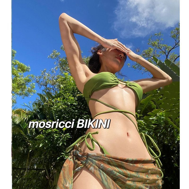 freedombeauty|Mosricci Hip-Hugging Sexy Drawstring Hot Girl Bikini Three-Piece Swimsuit Set for Women with Straps European and American Style Internet Celebrity