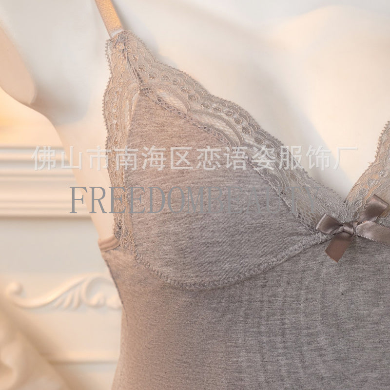 Freedombeauty | Sexy Charm Lace Stitching Elastic Modal Fashionable with Side-Slit Sexy Sleepwear Sling for Women