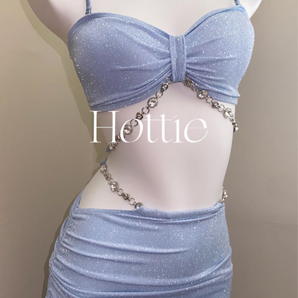 freedombeauty|Baby Blue Diamond Chain Bikini Three-Piece Set for Girls Vacation Hip-Hugging Two-Piece Swimsuit Ins Style Hot Spring