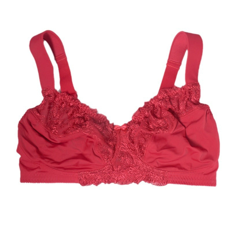 Freedombeauty | Red Full Cup Wireless Ultra-Thin plus Size Bra Embroidered Lace Edge Translucent Sexy European and American Underwear Bra