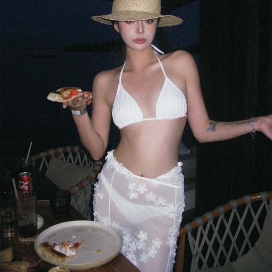 freedombeauty|Pure Desire Style Moonlight Beauty White Three-Point Bikini Two-Piece Swimsuit with Three-Dimensional Flower Lace Fairy Long Dress