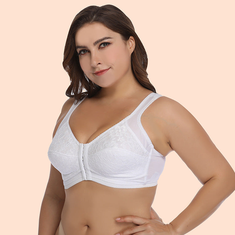Freedombeauty | White Lace Front Buckle European and American Super plus Size Bra Wireless Ultra-Thin Push up Underwear Bra