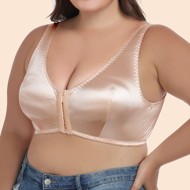 Freedombeauty | Ultra-Thin Sponge-Free Gentle Satin Front Button plus Size Bra Women's European and American Sleep Vest Underwear