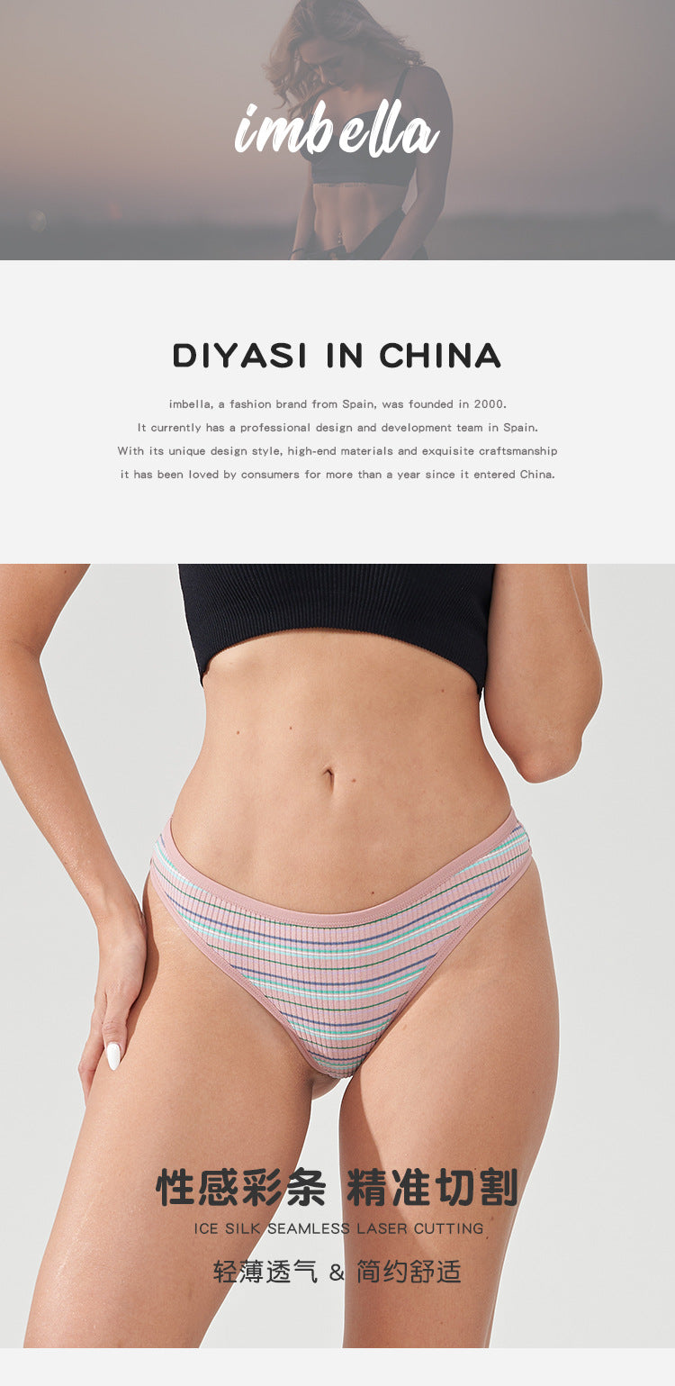 Freedombeauty | European and American New Color Striped Sports Fitness T-Back Rainbow Thread Cotton Ladies Low Waist Sexy Panties