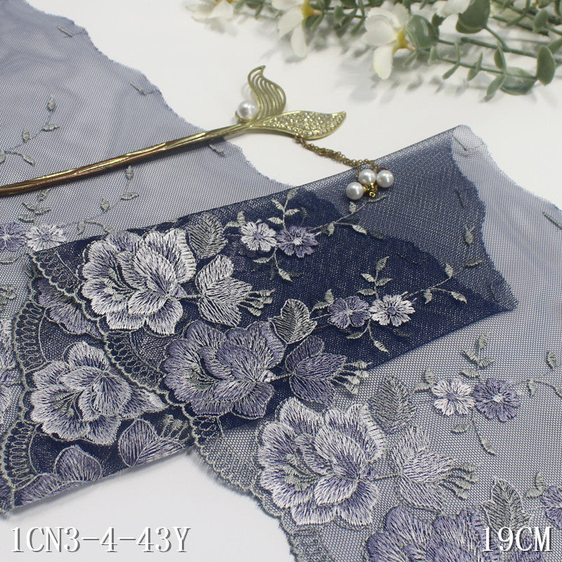 Freedombeauty | Blue Grenadine Unilateral French Flower Embroidery Lace Clothing Home Textile 19cm Lace Accessories