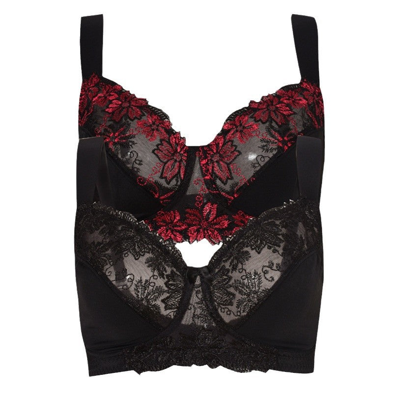 Freedombeauty | Wide Shoulder Strap Translucent Lace Embroidery High-End European and American Ultra-Thin Breathable Big Chest Slimming Underwear for Plump Girls