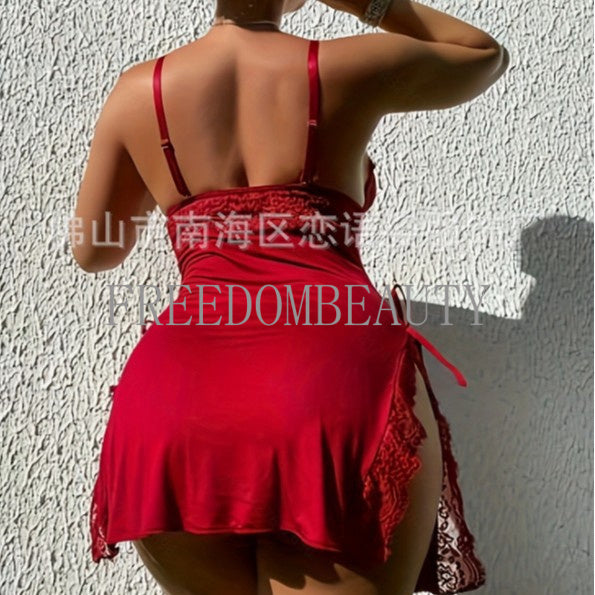 Freedombeauty | Sexy Pajamas Women's Breast-Exposed Suspender Skirt Bud Stretch Silk Seductive Homewear Uniform Slim Fit