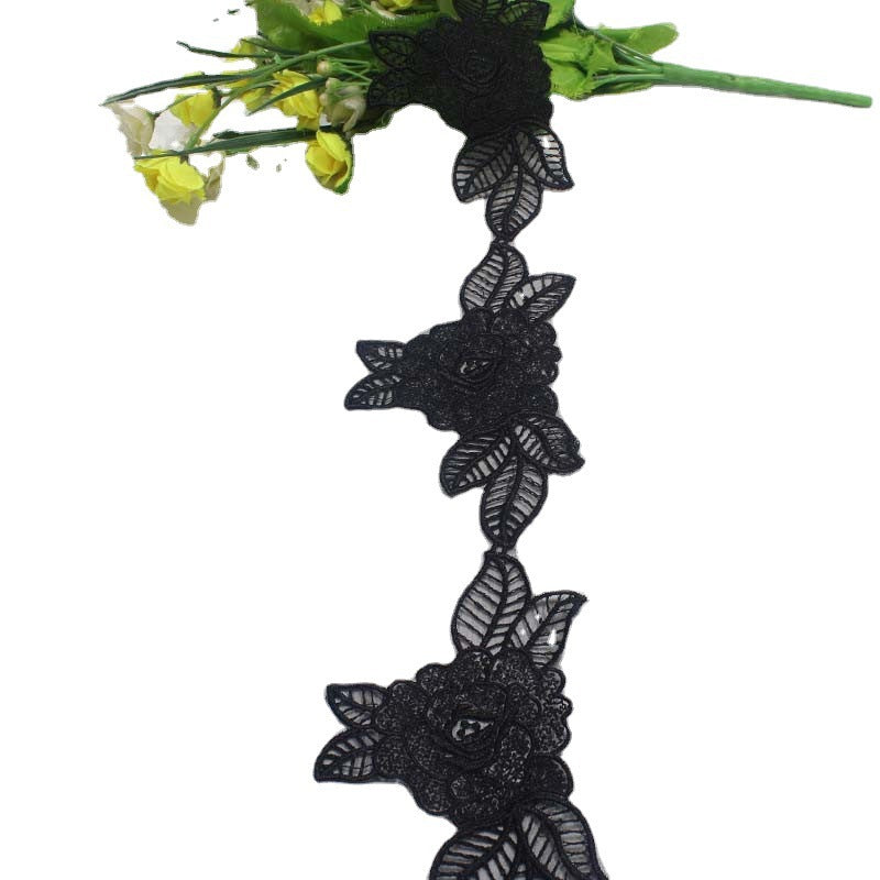 Freedombeauty | Black Flower Leaves with Edge Pattern Narrow Embroidery Lace Accessories Curtain Handmade Lace