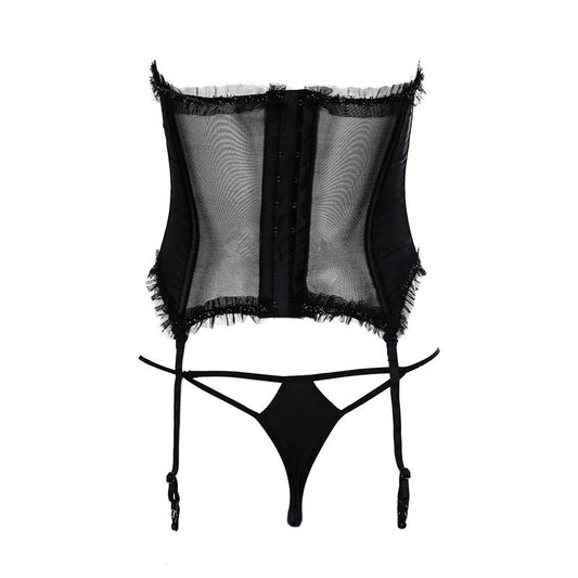 FreedomBeauty | FQ2199 Black Mesh Rim Breast Strap Tights Waist Seal Bone Suit Waist Low Waist Thong Suit Women