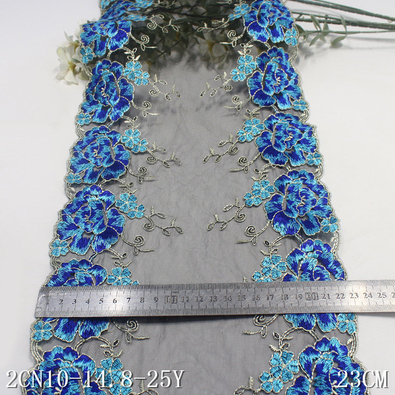 Freedombeauty | Black Mesh Bilateral Blue Flower Embroidery Lace Curtain Sofa Cushion Lace Accessories DIY
