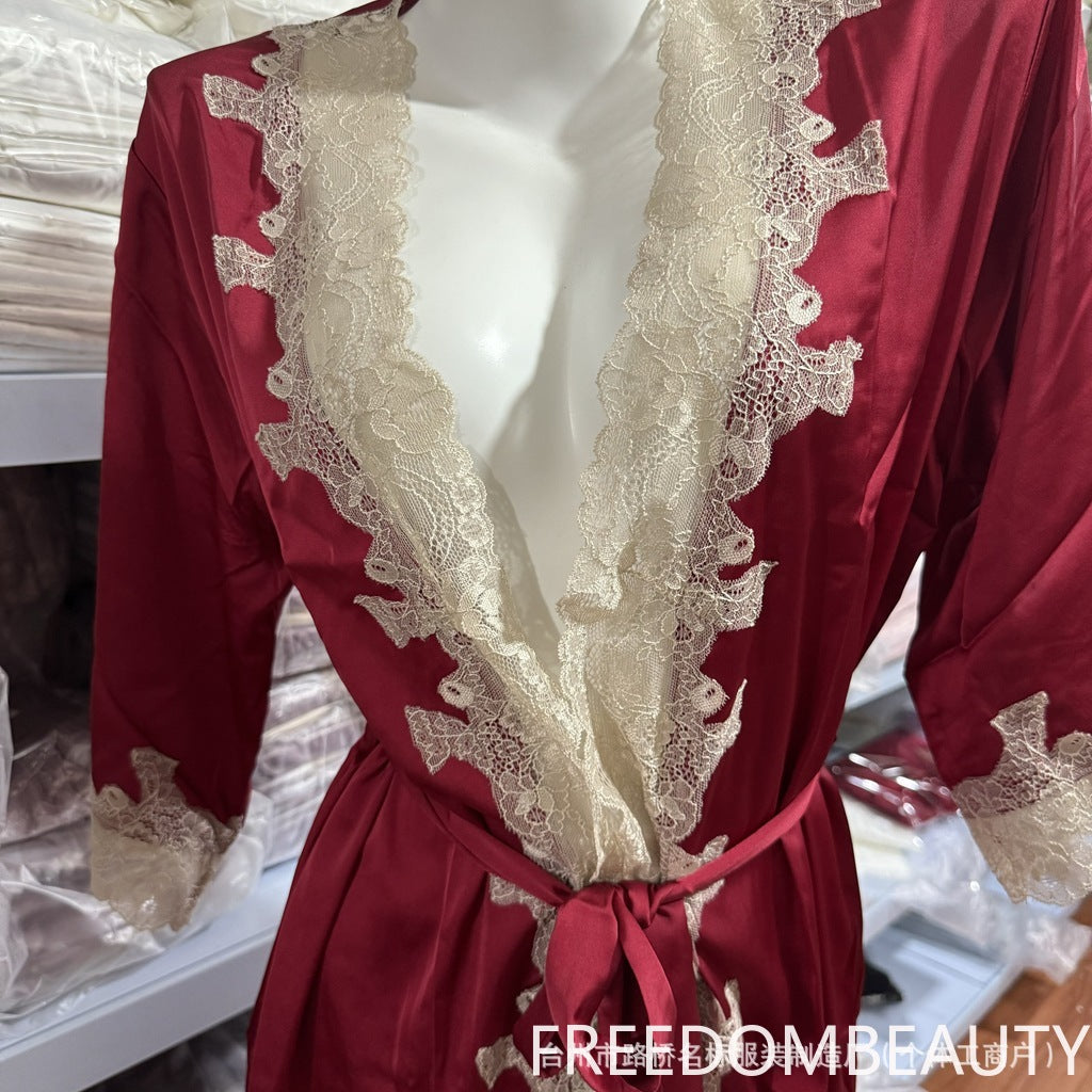 FREEDOMBEAUTY | 7019 nightgown women's summer sexy pajamas women's seduction bud silk loungewear, nightgown bathrobe bridal robe