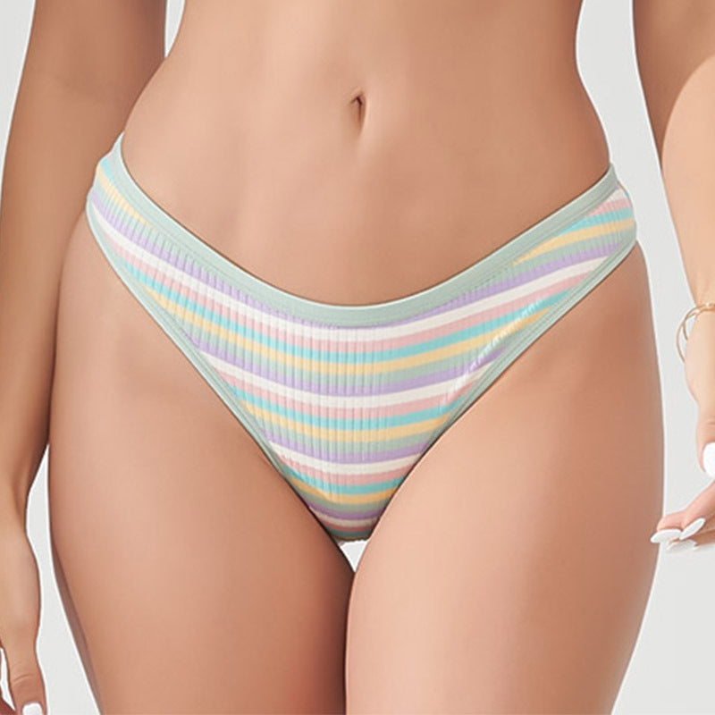 Freedombeauty | European and American New Color Striped Sports Fitness T-Back Rainbow Thread Cotton Ladies Low Waist Sexy Panties