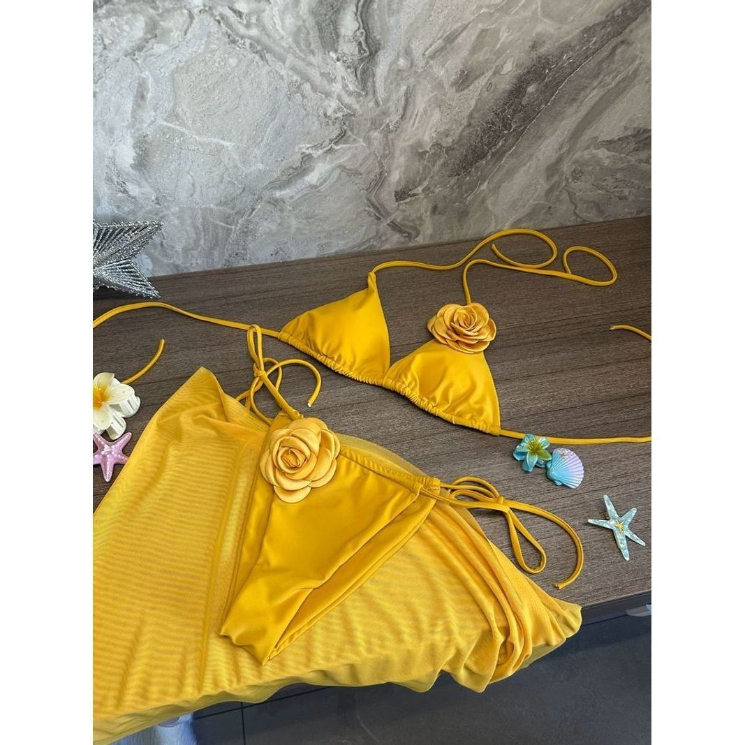 freedombeauty|Thai Niche Yellow Floral Swimsuit for Women 2025 New Vacation High-end Sexy Bikini Island Three-piece Set