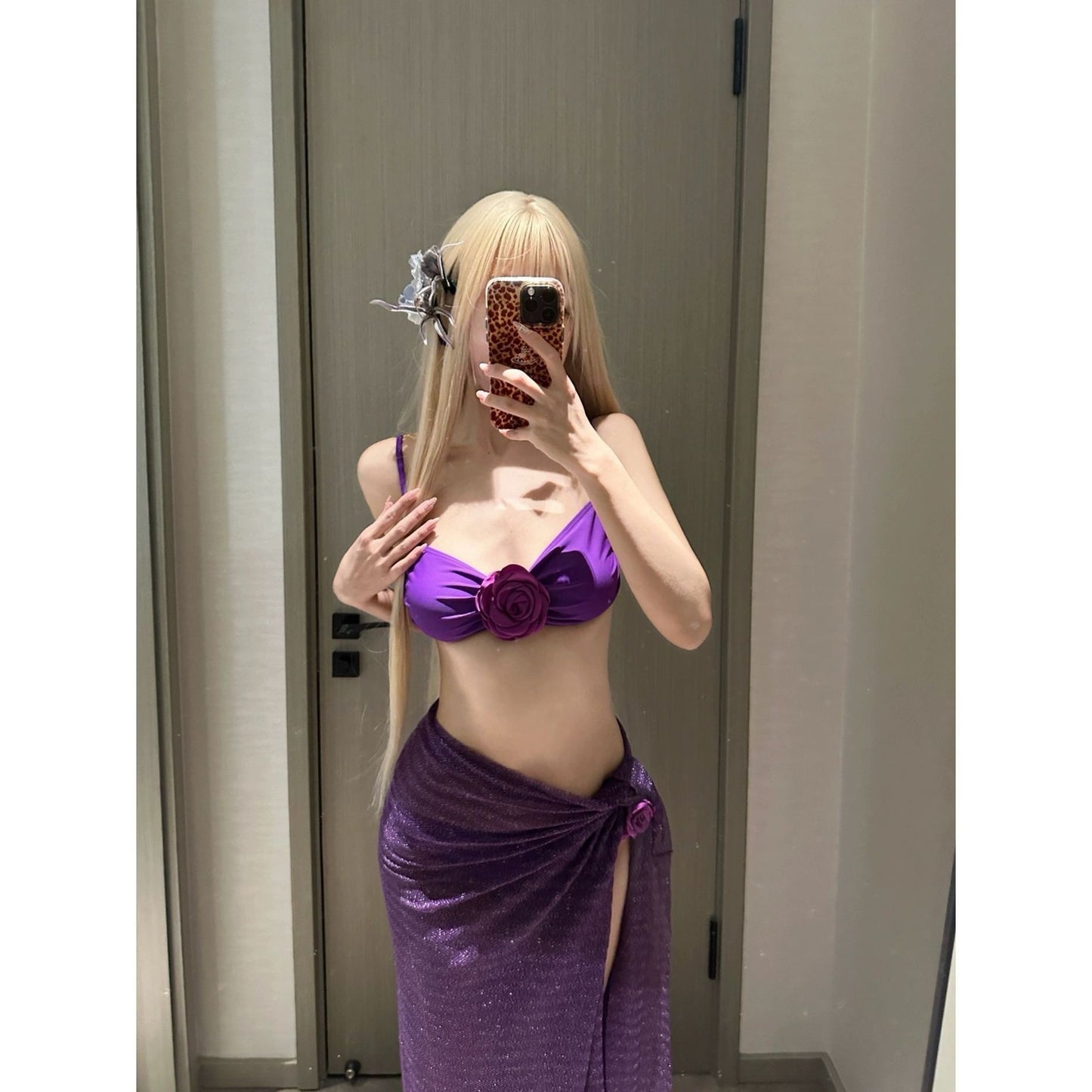 freedombeauty|Purple Elegant Pure Desire Sexy Floral Bikini Cover-Up Tie Skirt Long Skirt Cover-Up Skin Whitening Two-Piece Swimsuit
