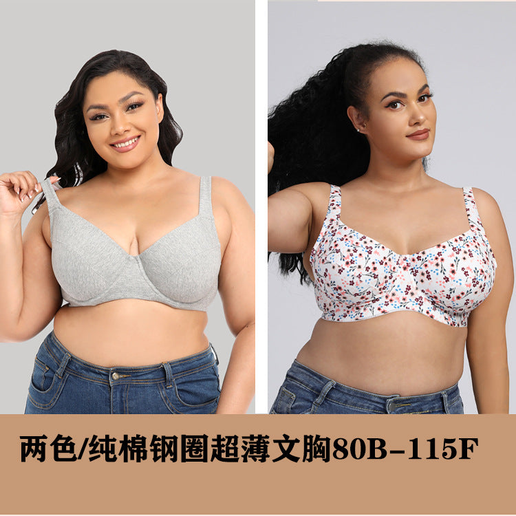 Freedombeauty | 2021 New Ultra-Thin Fine Cotton Boutique Wide Shoulder with Steel Ring plus Size Bra European and American Printed Underwear