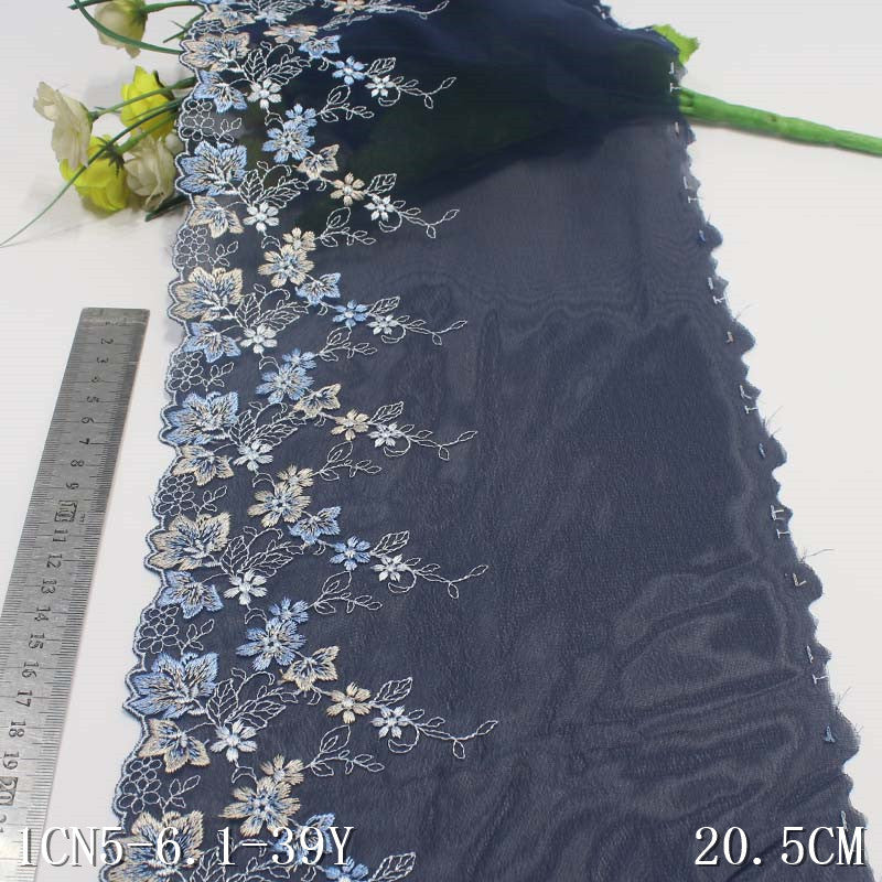 Freedombeauty | Dark Blue Single Side Flowers Print Chiffon Embroidered Lace Curtain Sofa Cushion Lace Accessories