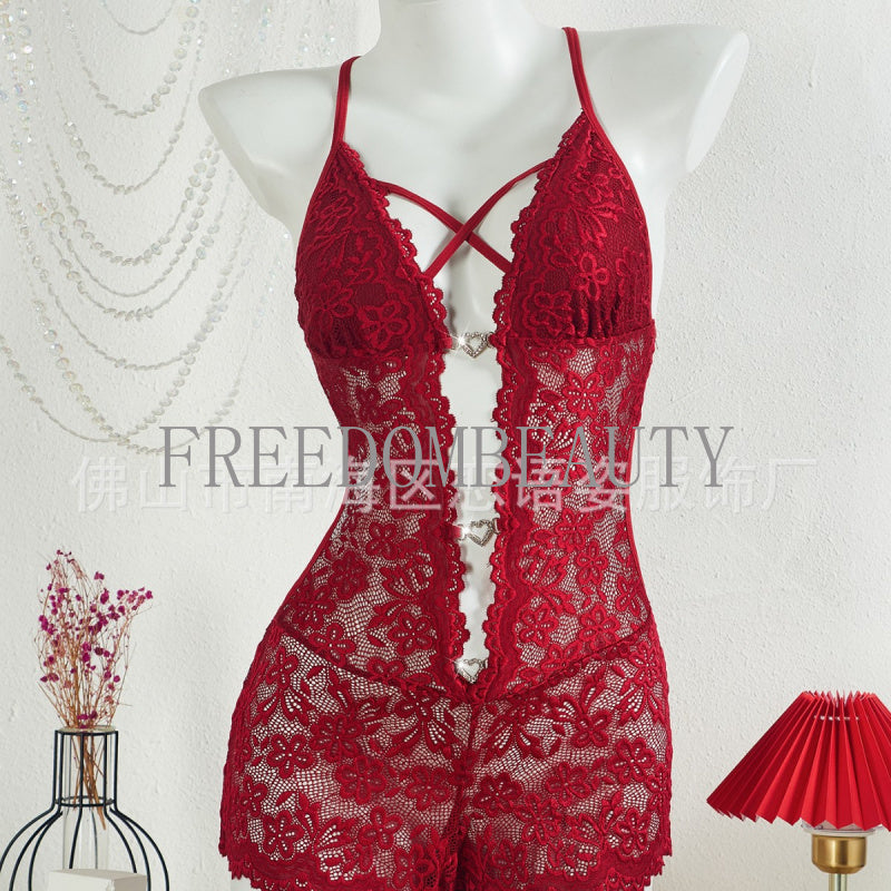 Freedombeauty | Sexy Lingerie Exposed Navel Temptation Diamond Lace Underwear Halter Lace-up Sexy Jumpsuit
