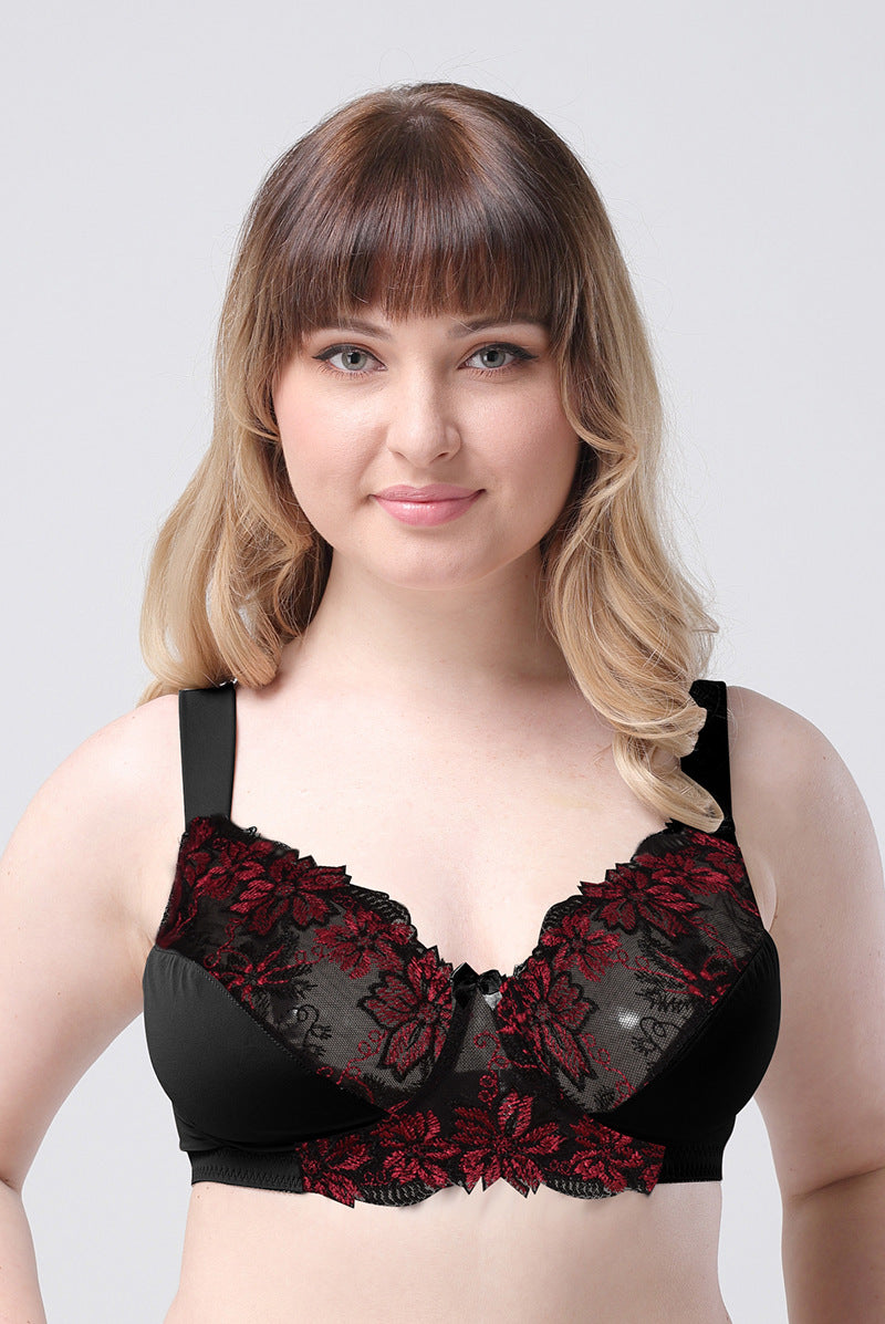 Freedombeauty | Wide Shoulder Strap Translucent Lace Embroidery High-End European and American Ultra-Thin Breathable Big Chest Slimming Underwear for Plump Girls
