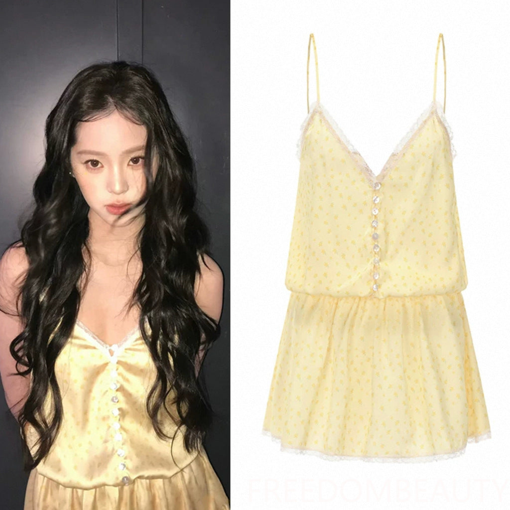 FREEDOMBEAUTY | 71060 Summer ice silk nightdress with chest pad thin ins wind floral lace edge cute pajamas loungewear Nana