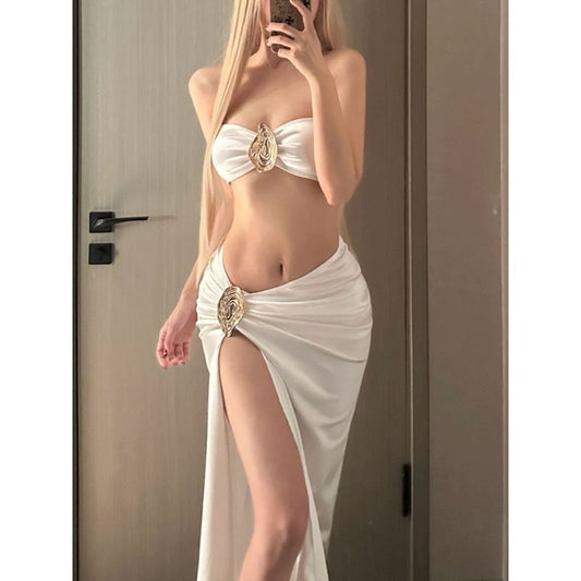 freedombeauty|European and American Style Thai Sexy Bikini Three-Piece Set Strapless Hot Girl Pure Desire Style Hot Spring Long Dress Vacation Beach