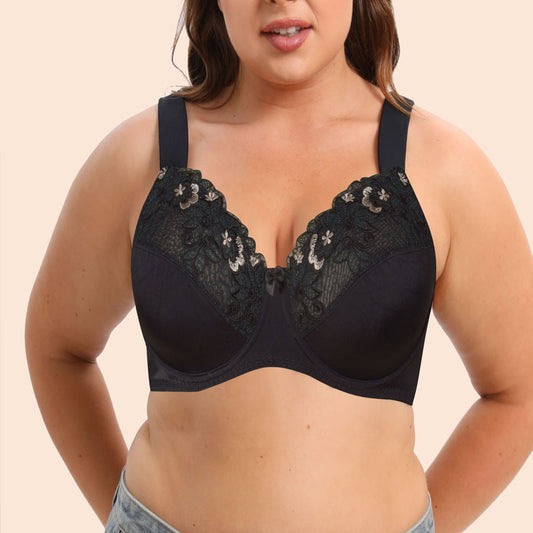 Freedombeauty | Thin Padded Cup Exquisite Embroidered Lace plus Size Bra Big Chest Show Little European and American Style Underwear Plump Girls Bra CDEF Cup