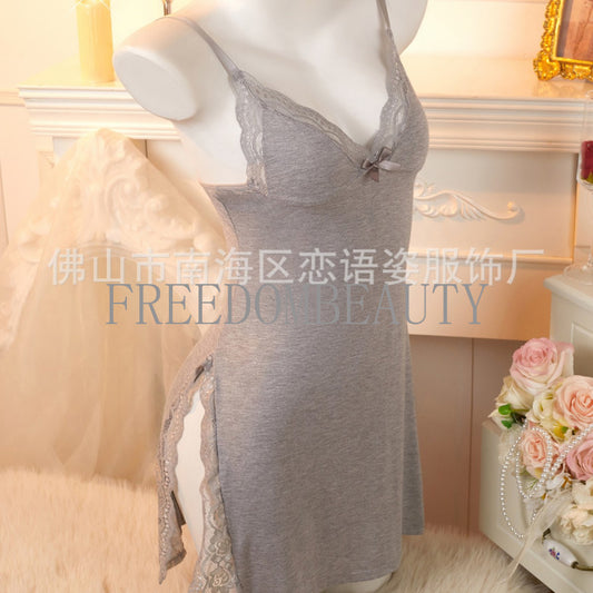 Freedombeauty | Sexy Charm Lace Stitching Elastic Modal Fashionable with Side-Slit Sexy Sleepwear Sling for Women