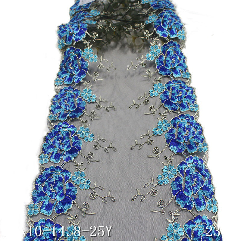 Freedombeauty | Black Mesh Bilateral Blue Flower Embroidery Lace Curtain Sofa Cushion Lace Accessories DIY