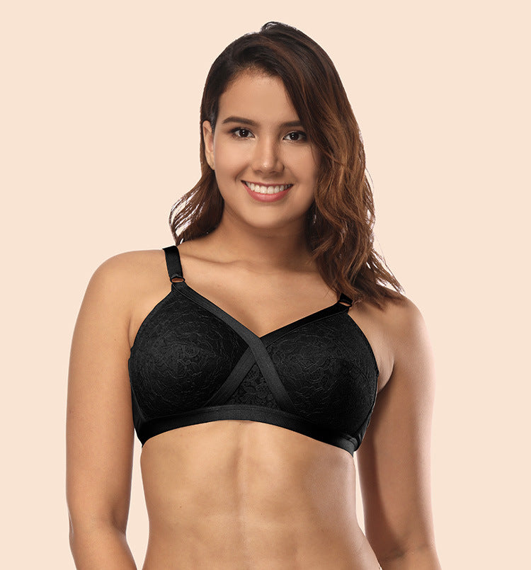 Freedombeauty | Thin Padded Cup Cross Lace European and American plus Size Bra Wireless Bra Underwear 110efg