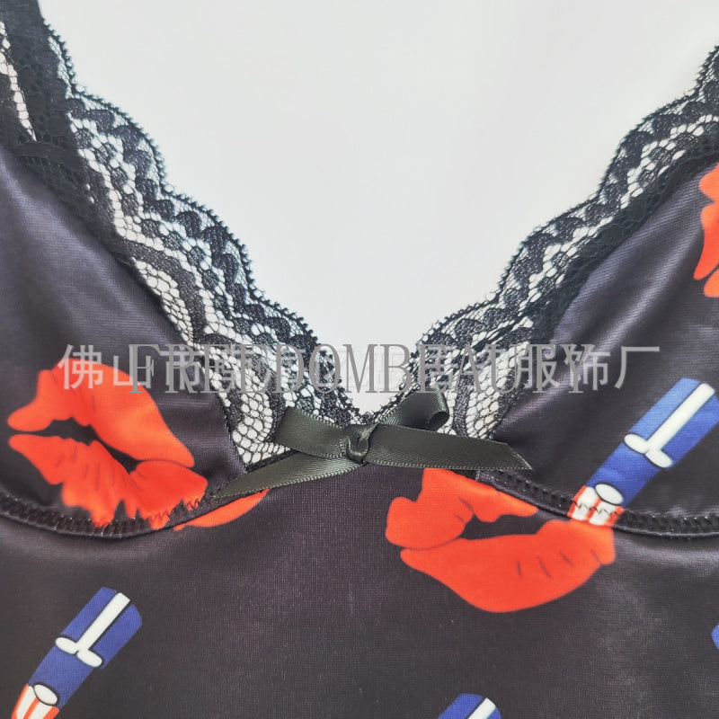 Freedombeauty | Exclusive for Playful Red Lips Printed Slip Nightdress Fashion Pure Desire Style Split Sling Pajamas