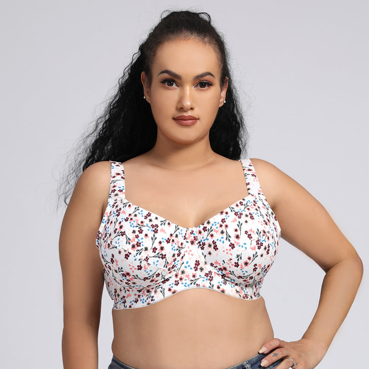 Freedombeauty | 2021 New Ultra-Thin Fine Cotton Boutique Wide Shoulder with Steel Ring plus Size Bra European and American Printed Underwear