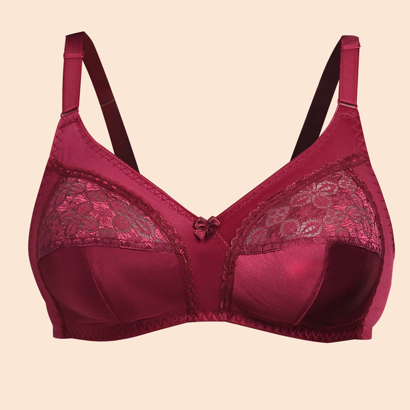Freedombeauty | Wine Red C Cup Ultra-Thin Full Cup without Steel Ring Lace Stitching Translucent plus Size Bra European and American Style Underwear